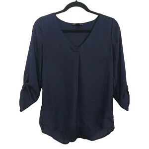 Streetwear Society Small Navy Blue Blouse Top Roll Tab Sleeve V-Neck Workwear ~